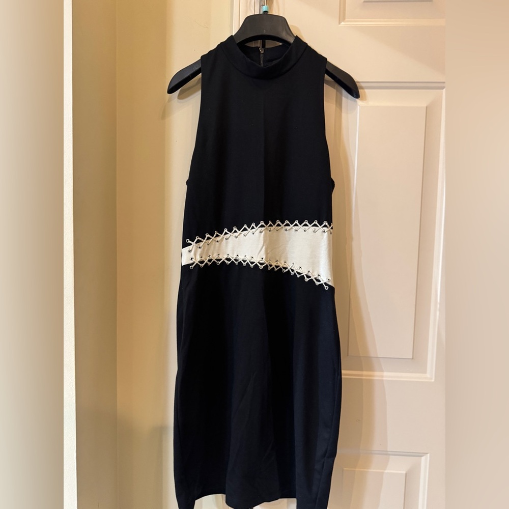 ABS Black Sleeveless Dress with White Lace Detail Size 10